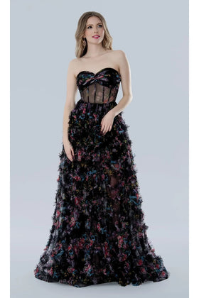 Black Print Prom Dress Strapless Corset Ball Gown Stella Couture 25117