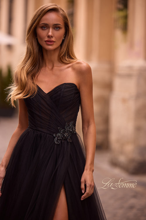 La Femme 32789 Criss Cross Ruched Bodice A-Line Prom Gown