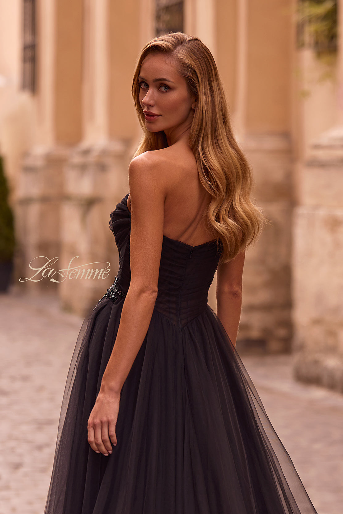 La Femme 32789 Criss Cross Ruched Bodice A-Line Prom Gown