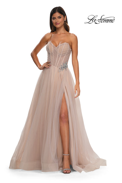 La Femme 32789 Criss Cross Ruched Bodice A-Line Prom Gown