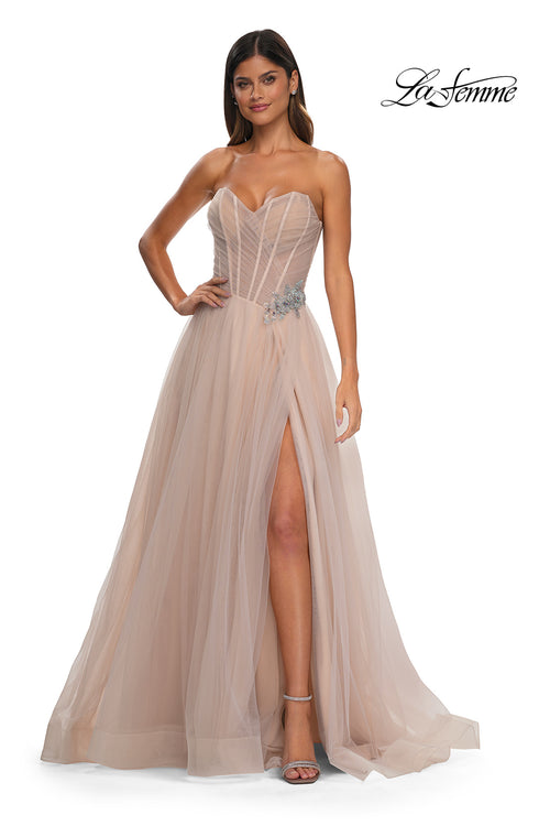 La Femme 32789 Criss Cross Ruched Bodice A-Line Prom Gown