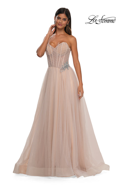 La Femme 32789 Criss Cross Ruched Bodice A-Line Prom Gown