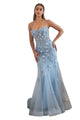 Boned Corset 3D Floral Applique Prom Mesh Gown 2025 Elegant Formal Dress - BLUE / 2 - Dress