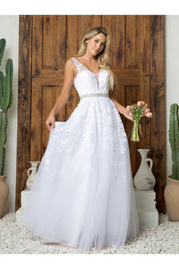 Bridal Ballgown Sleeveless Wedding Embellished Applique A-Line Dress By Eva 5232 - WHITE / XS - Dress