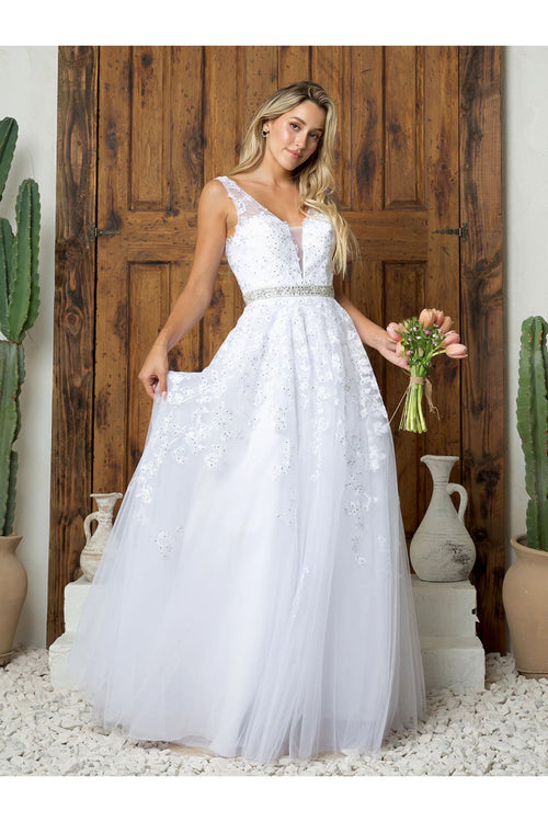 Bridal Ballgown Sleeveless Wedding Embellished Applique A-Line Dress By Eva 5232 - WHITE / XS - Dress