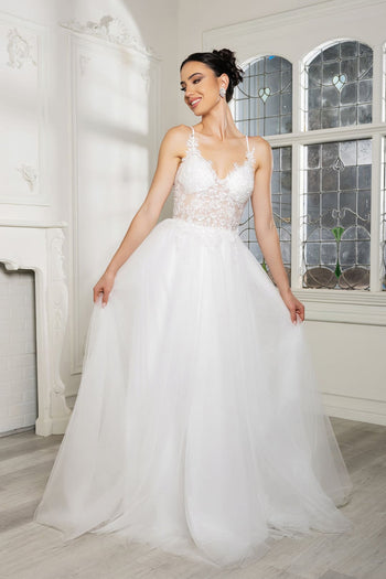 Bridal Dress V-Neck Sequin Wedding Gown By May Queen MQ2167 - IVORY / 4 - Dress