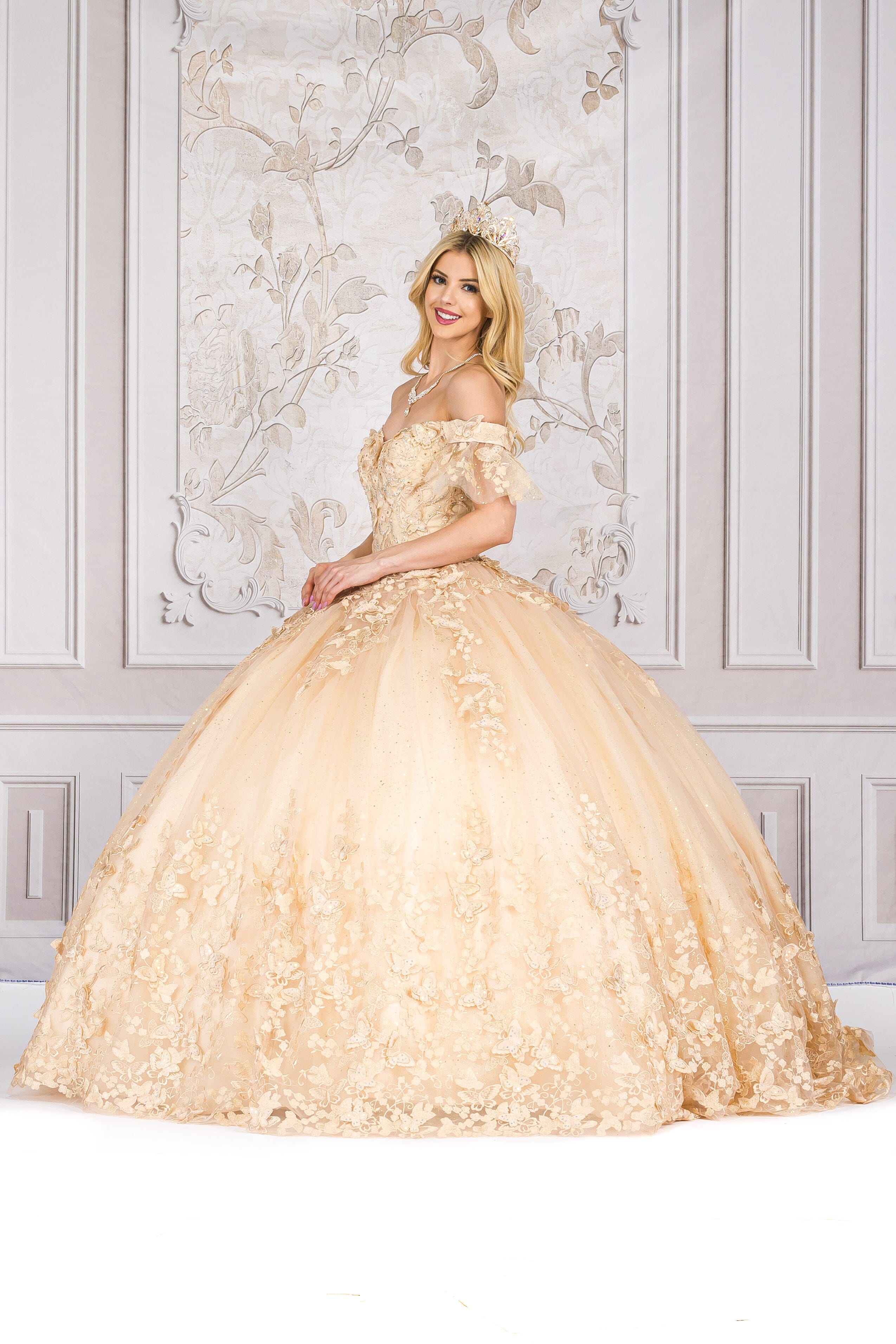 Butterfly Applique Off Shoulder Ball Gown by Bella Princess PQ1021