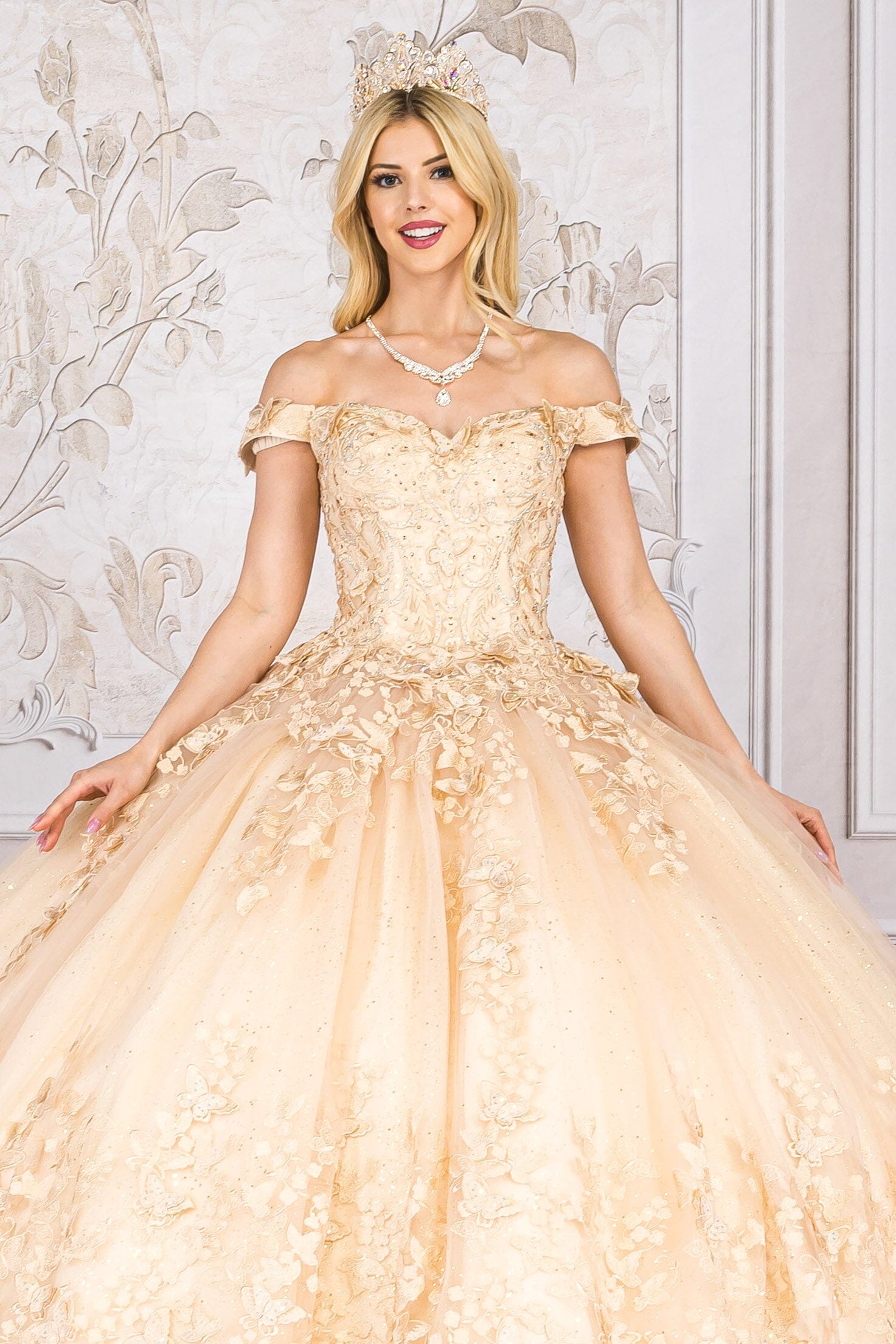 Butterfly Applique Off Shoulder Ball Gown by Bella Princess PQ1021