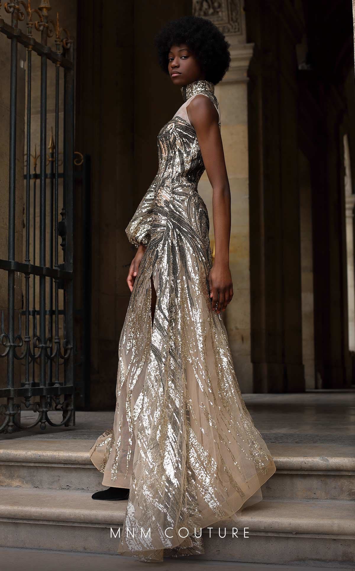 MNM Couture K4066 Metallic Sequin Gown with Sheer Accents