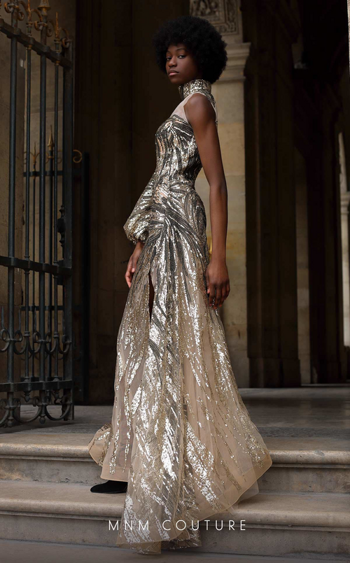 MNM Couture K4066 Metallic Sequin Gown with Sheer Accents