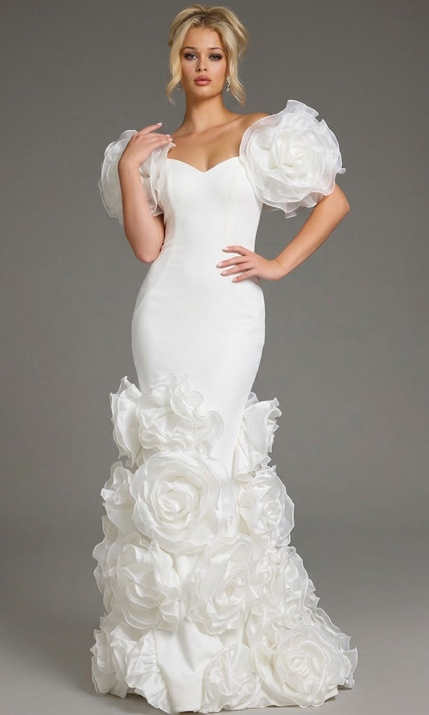 Mermaid Gown with Oversized Organza Rose Sleeves & Ruffled Floral Skirt Dress by Jovani 40843