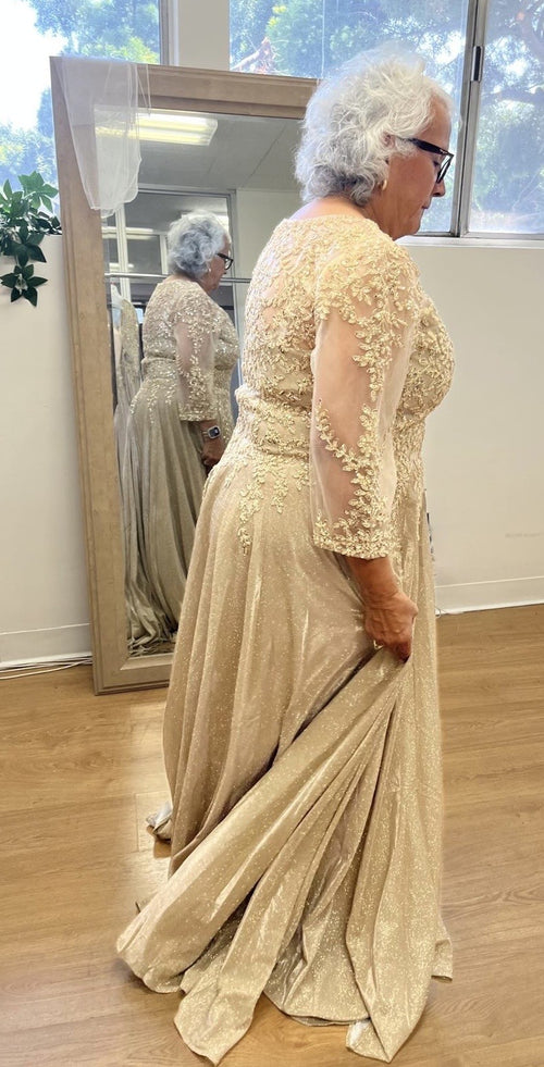 3/4 Illusion Sleeve Beaded Sequin Lace Bodice Glitter Mother of the Bride Gown by May Queen MQ2227