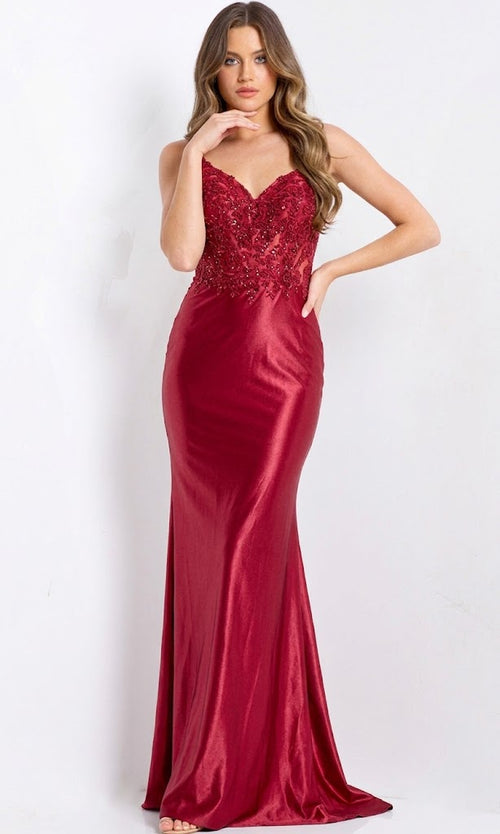 Satin Mermaid Gown with Beaded Lace Bodice Spaghetti Strap Formal Prom Dress by Jovani 48312