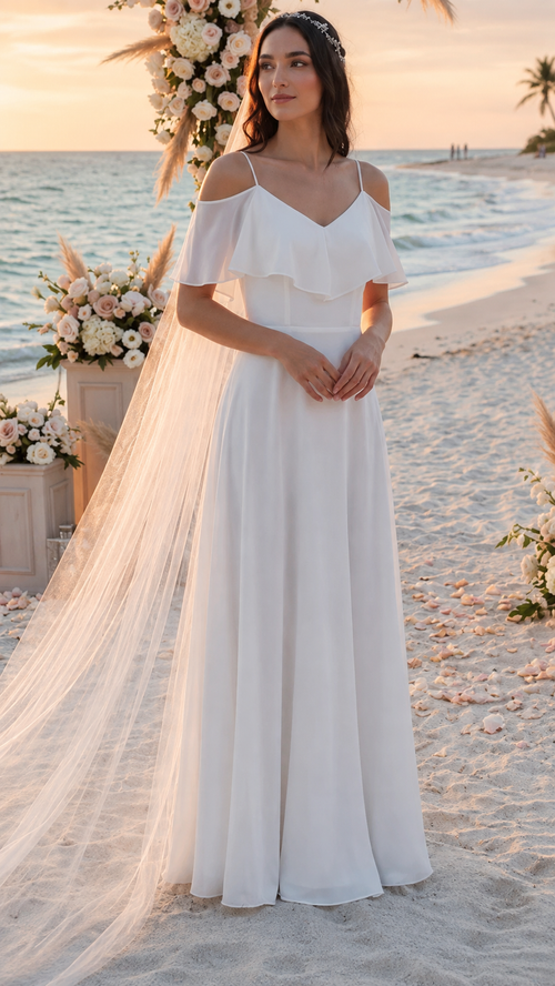 Cold-Shoulder Chiffon Wedding Gown with Ruffle Bodice by Eva USA 3263