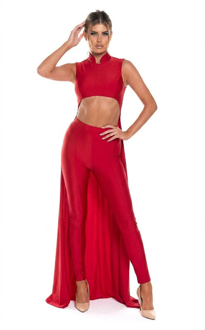 Sleeveless High Neck Cut-Out Jumpsuit with Chiffon Train Fitted Evening Outfit by Jessica Angel 863