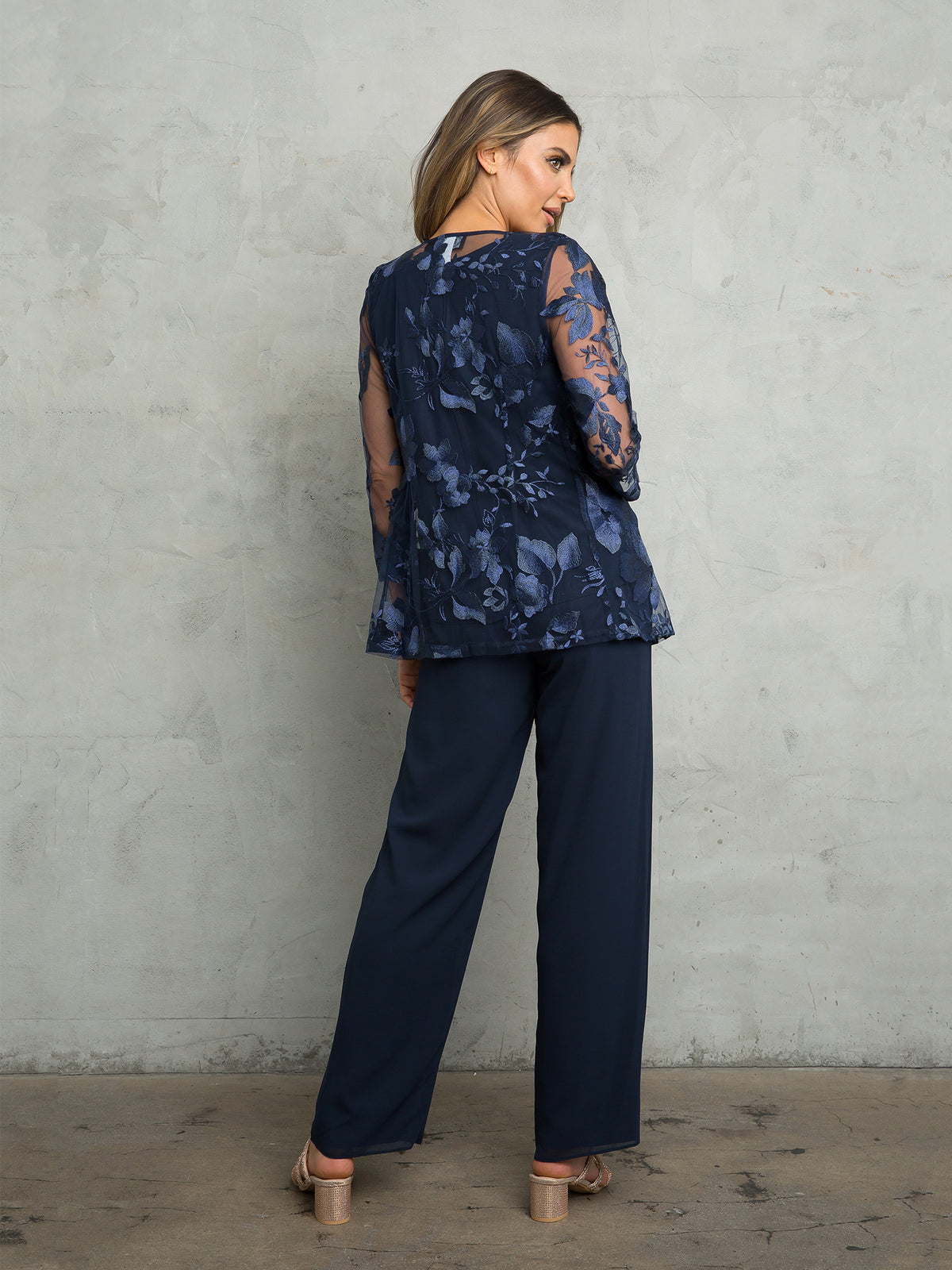 Clearance Navy Size 3XL 5XL 3-Piece Georgette Pant Set with Lace Jacket, 3/4 Sleeves by Eva USA EV3426