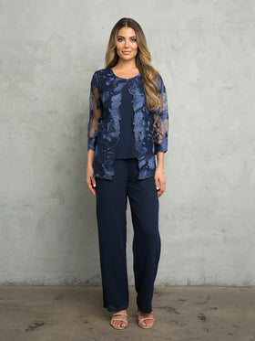 Clearance Navy Size 3XL 5XL 3-Piece Georgette Pant Set with Lace Jacket, 3/4 Sleeves by Eva USA EV3426