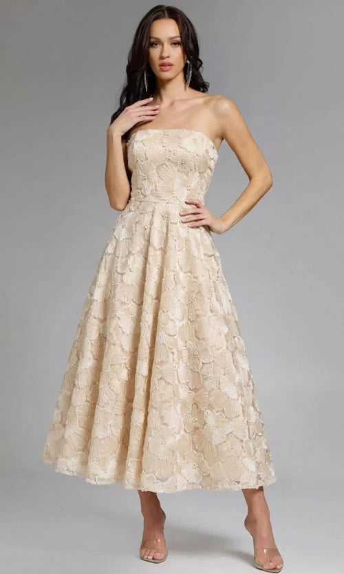 Strapless Floral Embroidered Tea-Length Dress from Jovani 41187