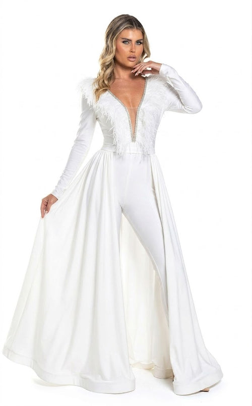 Feather Trim Long Sleeve Jumpsuit Gown with Deep V-Neck & Flowing Overskirt by Jessica Angel 864