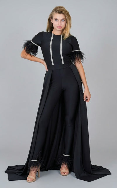 Feather Short Sleeve Convertible Formal Jumpsuit with Overskirt by Jessica Angel 917