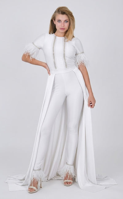 Feather Short Sleeve Convertible Formal Jumpsuit with Overskirt by Jessica Angel 917