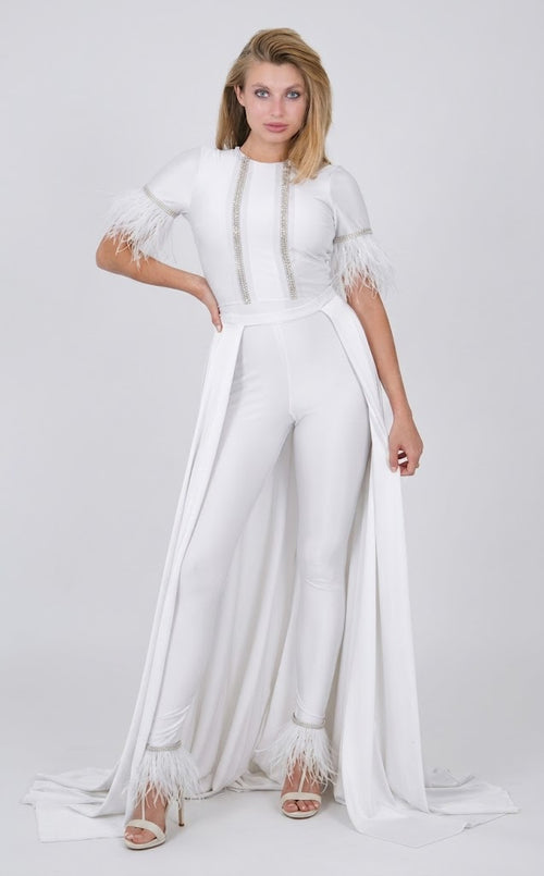 Feather Short Sleeve Convertible Formal Jumpsuit with Overskirt by Jessica Angel 917