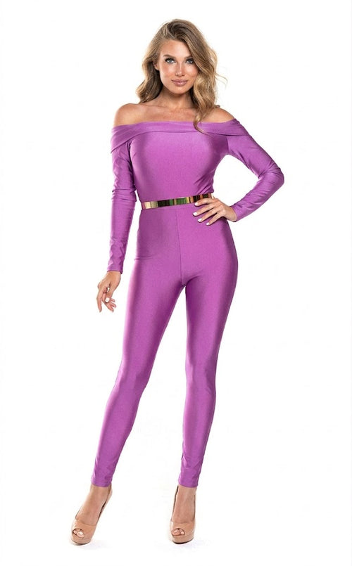 Off Shoulder Long-Sleeve Jumpsuit with Belt Sleek Bodycon Evening Dress by Jessica Angel 868