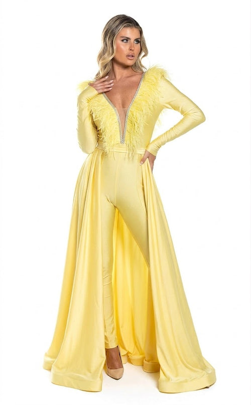 Feather Trim Long Sleeve Jumpsuit Gown with Deep V-Neck & Flowing Overskirt by Jessica Angel 864