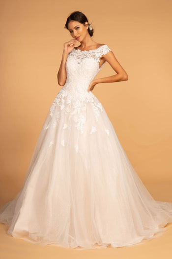 Cap Sleeve Wedding Dress with Lace Appliques by Elizabeth K GL2596 - XS / Ivory/Cream - Wedding Dresses