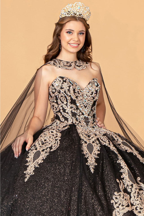 Cape Strapless Glitter Ball Gown by Elizabeth K GL3078 - Quinceanera Dresses
