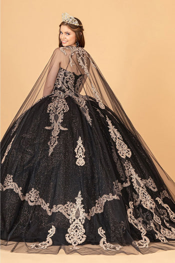 Cape Strapless Glitter Ball Gown by Elizabeth K GL3078 - Quinceanera Dresses