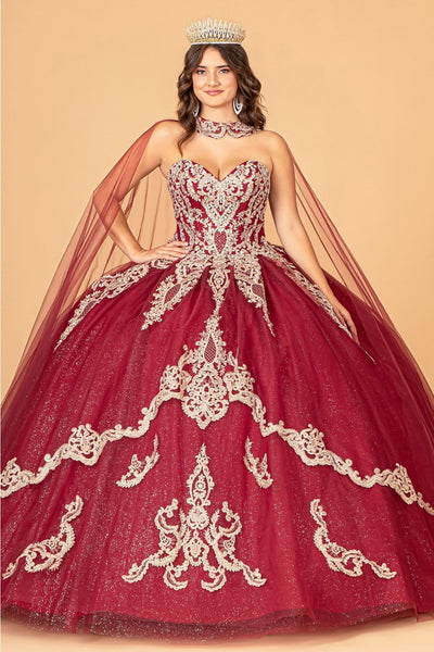 Cape Strapless Glitter Ball Gown by Elizabeth K GL3078 - XS / Burgundy - Quinceanera Dresses