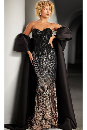 Caped Strapless Beaded Prom Gown: Jovani 38746 - Black/Brown / Apparel & Accessories > Clothing > Dresses