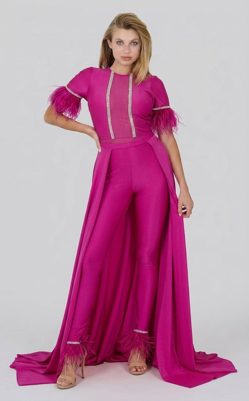 Feather Short Sleeve Convertible Formal Jumpsuit with Overskirt by Jessica Angel 917