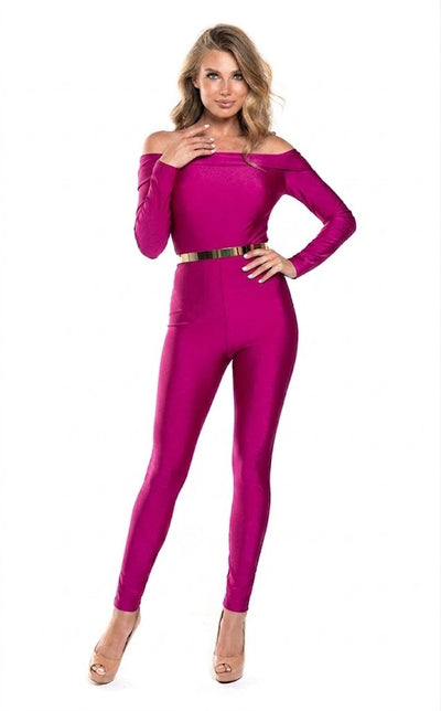 Off Shoulder Long-Sleeve Jumpsuit with Belt Sleek Bodycon Evening Dress by Jessica Angel 868
