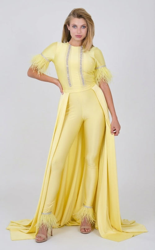 Feather Short Sleeve Convertible Formal Jumpsuit with Overskirt by Jessica Angel 917
