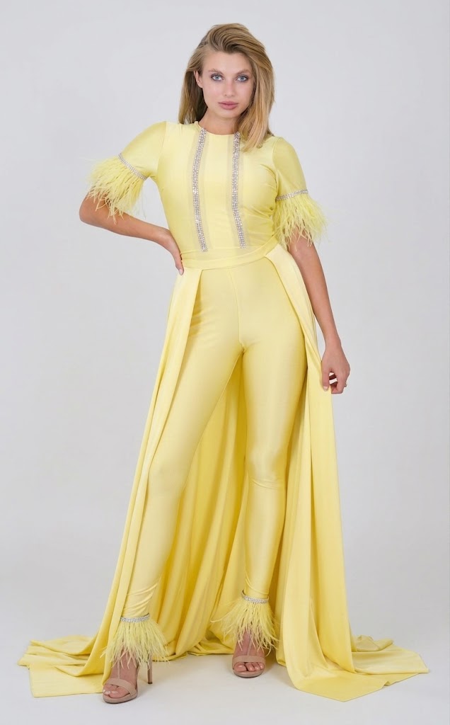 Feather Short Sleeve Convertible Formal Jumpsuit with Overskirt by Jessica Angel 917