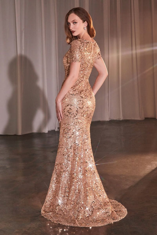 Vestidos Ladivine de Cinderella Divine - Vestido Ladivine CC3700 de manga corta con estampado de lentejuelas - Nueva colección