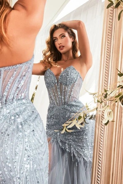 Clearance Smoky Blue Size 14 Strapless Mermaid Prom Dress By Ladivine CD0214