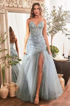 Clearance Smoky Blue Size 14 Strapless Mermaid Prom Dress By Ladivine CD0214