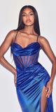 Ladivine CD265 Fuchsia Satin Gown with Slit