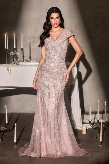 Beaded V-Neck Cap Sleeve Evening Gown | Sparkling Fitted Formal Dress by Cinderella Divine CD698