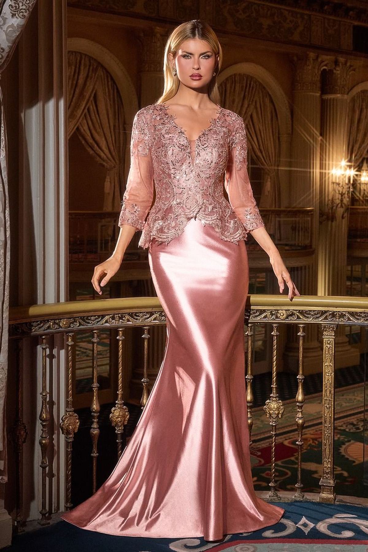 Elegant Dusty Rose Satin Evening Dress with Peplum Detail