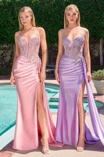 Satin Corset Evening Gown with Beaded Bodice & High Slit Strapless Formal Prom Dress by Cinderella Divine CD722