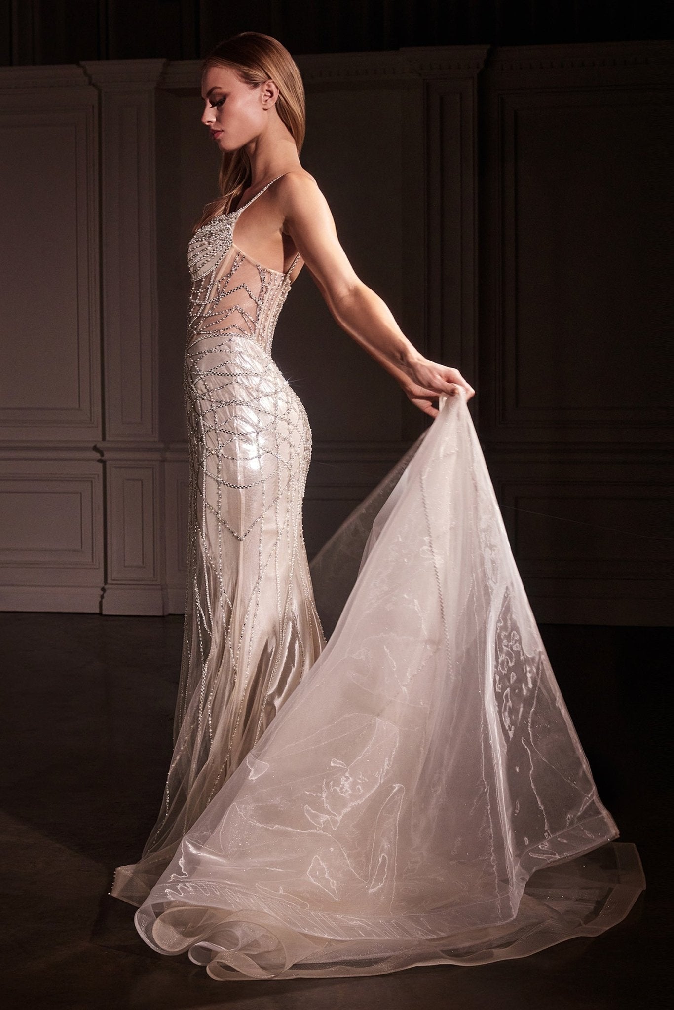 Vestido de noche de sirena con cuentas y sobrefalda extraíble Ladivine CD763