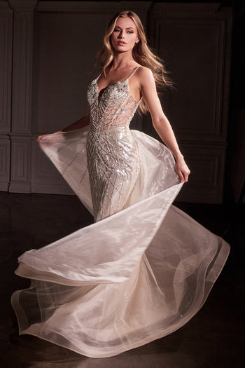 Ladivine CD763 Beaded Mermaid Evening Gown with Removable Overskirt