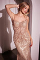 Ladivine CD764 Stretch Metallic Satin Evening Gown Long Beaded Formal Dress
