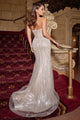 Ladivine CD764 Stretch Metallic Satin Evening Gown Long Beaded Formal Dress