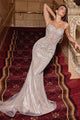 Ladivine CD764 Stretch Metallic Satin Evening Gown Long Beaded Formal Dress