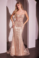 Ladivine CD764 Stretch Metallic Satin Evening Gown Long Beaded Formal Dress